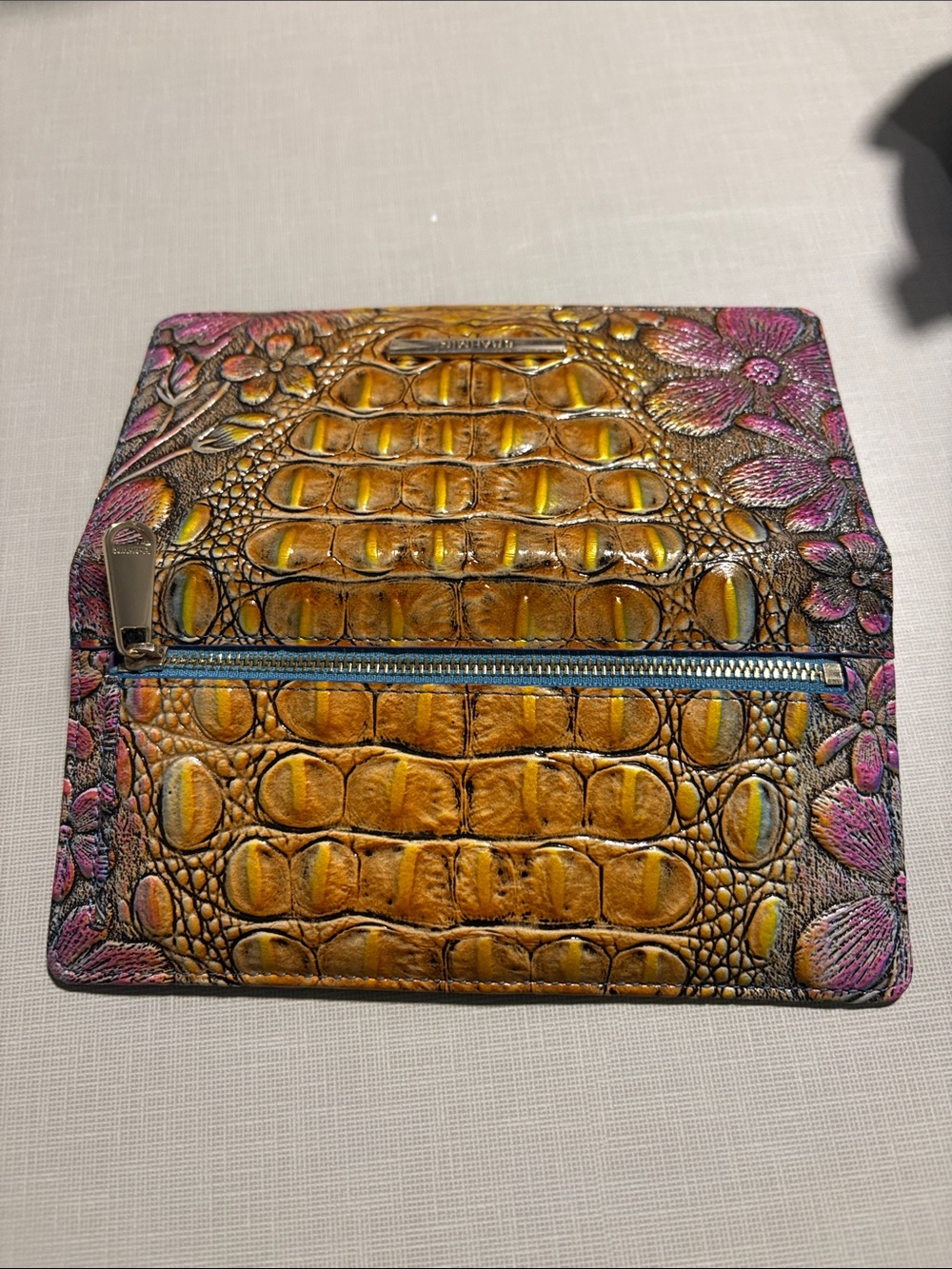 Brahmin Yellow-Brown Wallet with Pink Floral Embossing - Picture 3 of 4
